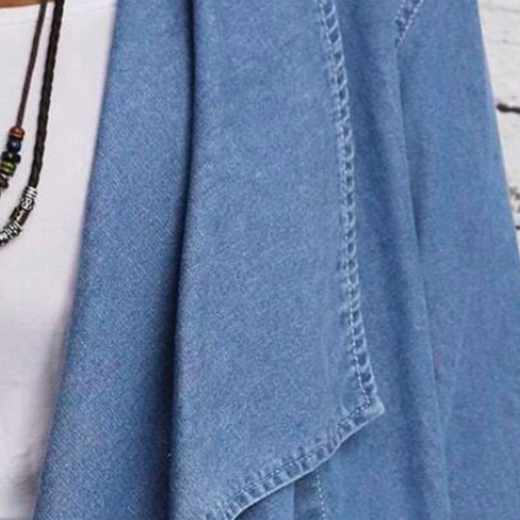 Cozy Light Wash Denim Jean Waterfall Open Front Jacket Shacket - Picture 5 of 7